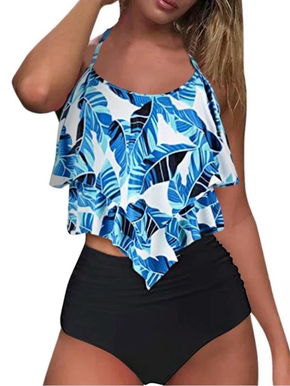 Blue Tropical Print Ruffle Tankini Top with Black High Waist Bottom